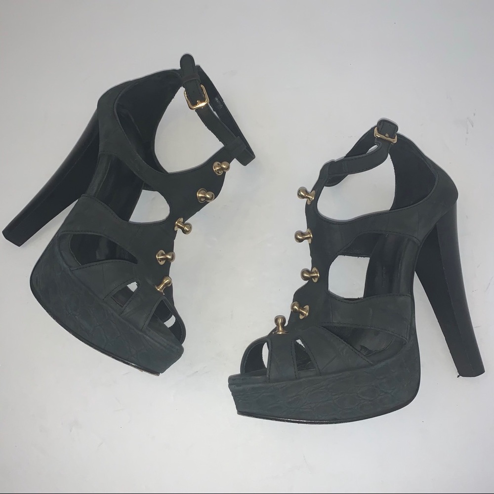 Thomas Wylde Black Leather Gold Stud Heels Sz 8
